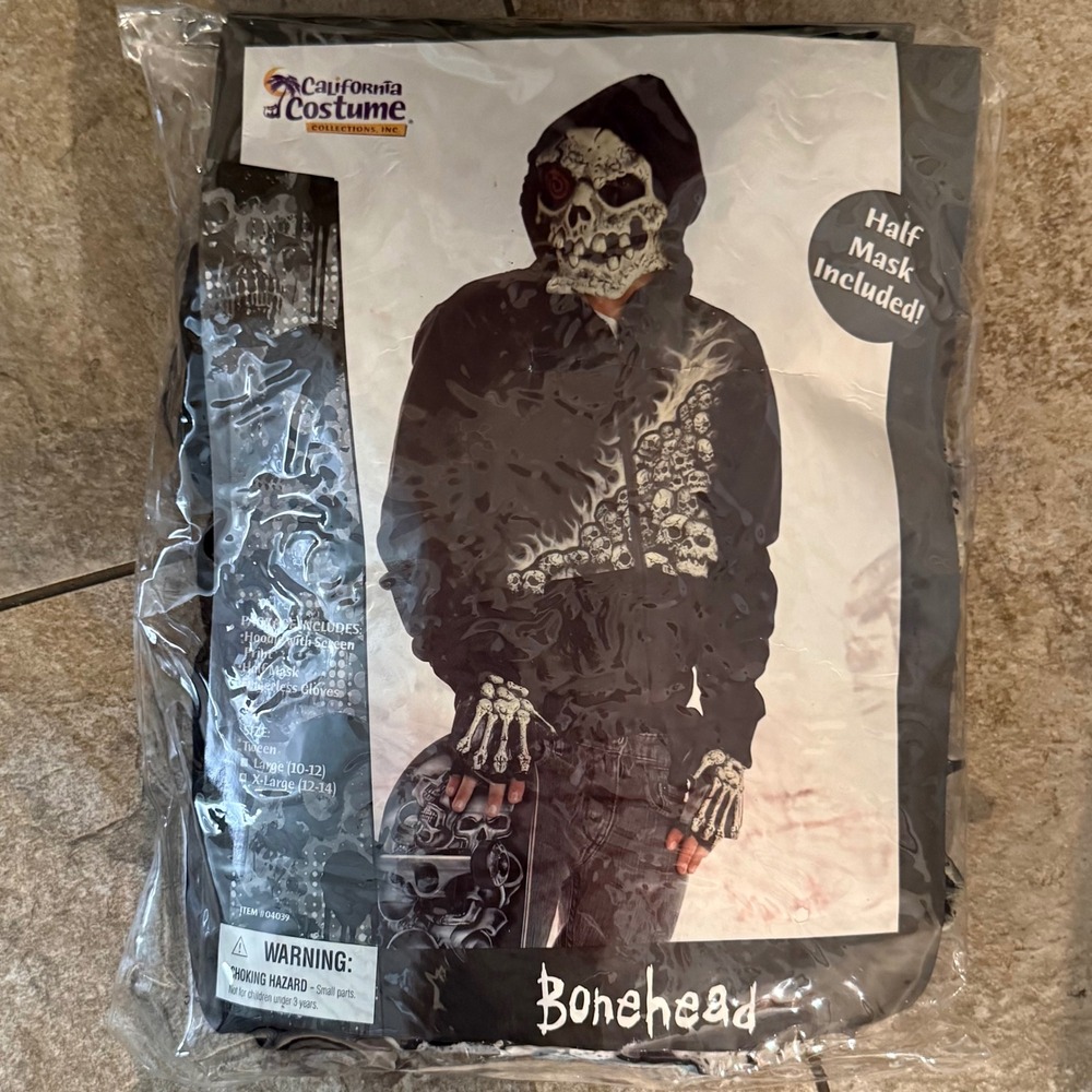 California Costume Bonehead Kids XL 12-14 Black Excellent Skull Hoodie Mask Set
